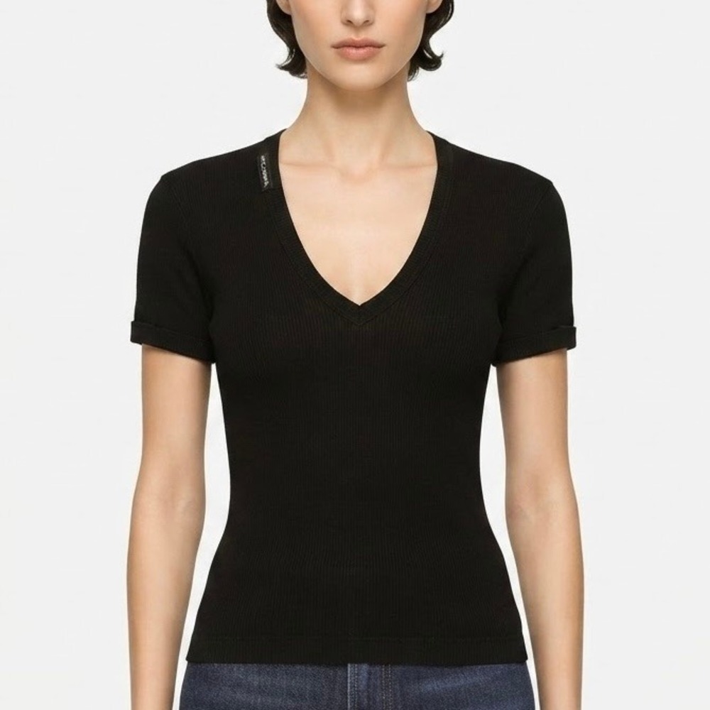 Dolce & Gabbana Ribbed V-Neck Top Black Women Size 48 XXL Short Sleeve Authentic